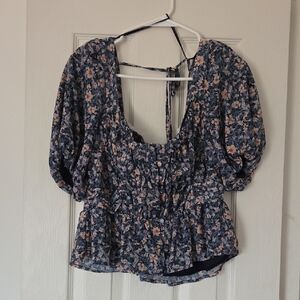 Astr Navy Floral Blouse with Puff Sleeves